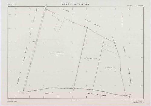 ORMOY-LA-RIVIERE, plans minutes de conservation : tableau d'assemblage, 1955, Ech. 1/10000 ; plans des sections T, U, V, W, X, Y, Z, AB, AC, AD, AE, AH, 1955, Ech. 1/2000. Polyester. N et B. Dim. 105 x 80 cm [13 plans]. 