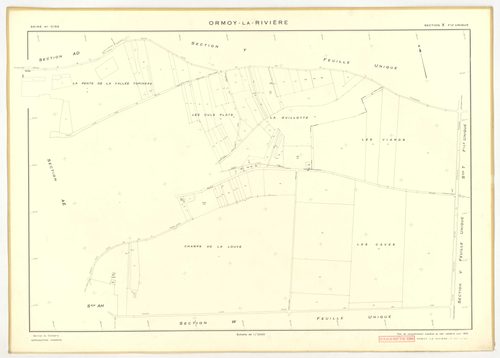 Plans minutes de conservation : ORMOY-LA-RIVIERE : tableau d'assemblage, ech. 1/10000 (1955), sections AB, AC, AD, AE, AH, T, U, V, W, X, Y, Z, ech. 1/2000 (1955), NB, papier, 105x80 [13 plans]. 