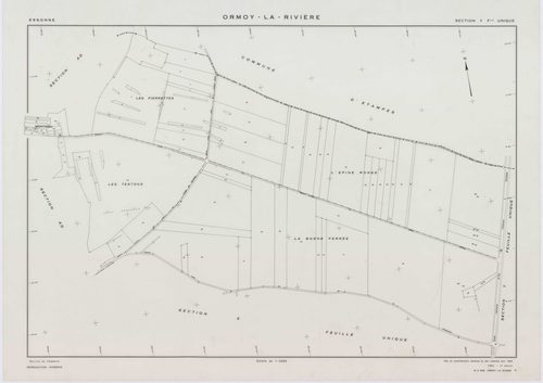 ORMOY-LA-RIVIERE, plans minutes de conservation : tableau d'assemblage, 1955, Ech. 1/10000 ; plans des sections T, U, V, W, X, Y, Z, AB, AC, AD, AE, AH, 1955, Ech. 1/2000. Polyester. N et B. Dim. 105 x 80 cm [13 plans]. 