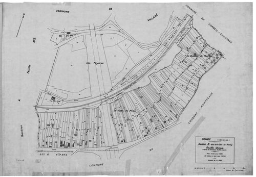 ORMOY. -Cadastre révisé pour 1938 : plan du tableau d'assemblage , plans de la section A le Village 1ère feuille, idem 2ème feuille, idem 3ème feuille, sectin B la Côte de Roissy ; cadastre révisé pour 1938 mis à jour pour 1978 : plan de la section B la C