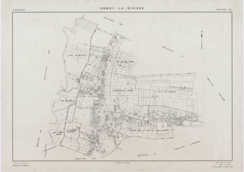 ORMOY-LA-RIVIERE, plans minutes de conservation : tableau d'assemblage, 1955, Ech. 1/10000 ; plans des sections T, U, V, W, X, Y, Z, AB, AC, AD, AE, AH, 1955, Ech. 1/2000. Polyester. N et B. Dim. 105 x 80 cm [13 plans]. 