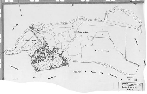 ORMOY. -Cadastre révisé pour 1938 : plan du tableau d'assemblage , plans de la section A le Village 1ère feuille, idem 2ème feuille, idem 3ème feuille, sectin B la Côte de Roissy ; cadastre révisé pour 1938 mis à jour pour 1978 : plan de la section B la C