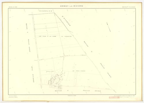 Plans minutes de conservation : ORMOY-LA-RIVIERE : tableau d'assemblage, ech. 1/10000 (1955), sections AB, AC, AD, AE, AH, T, U, V, W, X, Y, Z, ech. 1/2000 (1955), NB, papier, 105x80 [13 plans]. 