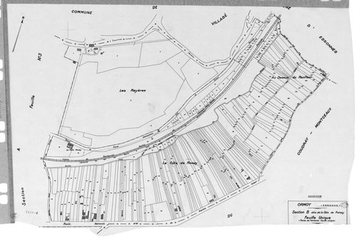 ORMOY. -Cadastre révisé pour 1938 : plan du tableau d'assemblage , plans de la section A le Village 1ère feuille, idem 2ème feuille, idem 3ème feuille, sectin B la Côte de Roissy ; cadastre révisé pour 1938 mis à jour pour 1978 : plan de la section B la C
