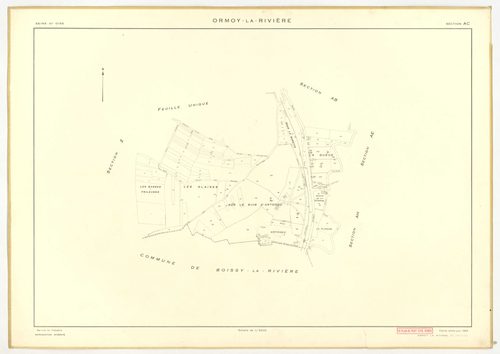 Plans minutes de conservation : ORMOY-LA-RIVIERE : tableau d'assemblage, ech. 1/10000 (1955), sections AB, AC, AD, AE, AH, T, U, V, W, X, Y, Z, ech. 1/2000 (1955), NB, papier, 105x80 [13 plans]. 