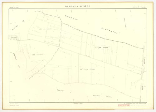Plans minutes de conservation : ORMOY-LA-RIVIERE : tableau d'assemblage, ech. 1/10000 (1955), sections AB, AC, AD, AE, AH, T, U, V, W, X, Y, Z, ech. 1/2000 (1955), NB, papier, 105x80 [13 plans]. 