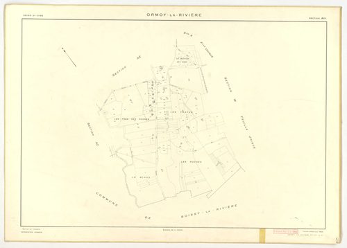 Plans minutes de conservation : ORMOY-LA-RIVIERE : tableau d'assemblage, ech. 1/10000 (1955), sections AB, AC, AD, AE, AH, T, U, V, W, X, Y, Z, ech. 1/2000 (1955), NB, papier, 105x80 [13 plans]. 