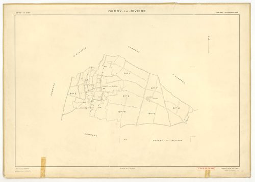Plans minutes de conservation : ORMOY-LA-RIVIERE : tableau d'assemblage, ech. 1/10000 (1955), sections AB, AC, AD, AE, AH, T, U, V, W, X, Y, Z, ech. 1/2000 (1955), NB, papier, 105x80 [13 plans]. 