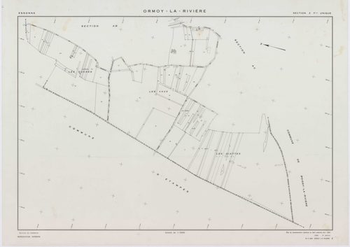 ORMOY-LA-RIVIERE, plans minutes de conservation : tableau d'assemblage, 1955, Ech. 1/10000 ; plans des sections T, U, V, W, X, Y, Z, AB, AC, AD, AE, AH, 1955, Ech. 1/2000. Polyester. N et B. Dim. 105 x 80 cm [13 plans]. 
