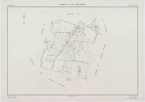 ORMOY-LA-RIVIERE, plans minutes de conservation : tableau d'assemblage, 1955, Ech. 1/10000 ; plans des sections T, U, V, W, X, Y, Z, AB, AC, AD, AE, AH, 1955, Ech. 1/2000. Polyester. N et B. Dim. 105 x 80 cm [13 plans]. 