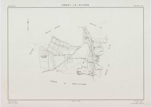 ORMOY-LA-RIVIERE, plans minutes de conservation : tableau d'assemblage, 1955, Ech. 1/10000 ; plans des sections T, U, V, W, X, Y, Z, AB, AC, AD, AE, AH, 1955, Ech. 1/2000. Polyester. N et B. Dim. 105 x 80 cm [13 plans]. 