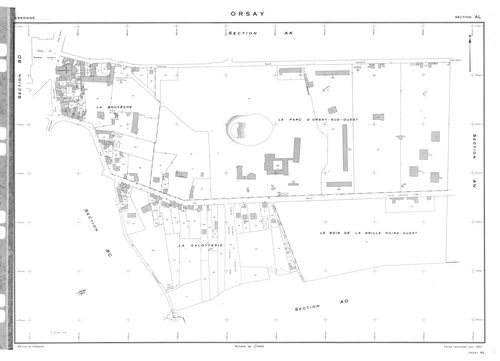 ORSAY. - Cadastre révisé pour 1964 : plan du tableau d'assemblage ; cadastre renouvelé pour 1964 : plans de la section AB, section AC, section AD, section AE, section AH, section AI, section AK, section AL, section AM, section AN, section AO, section AP, 