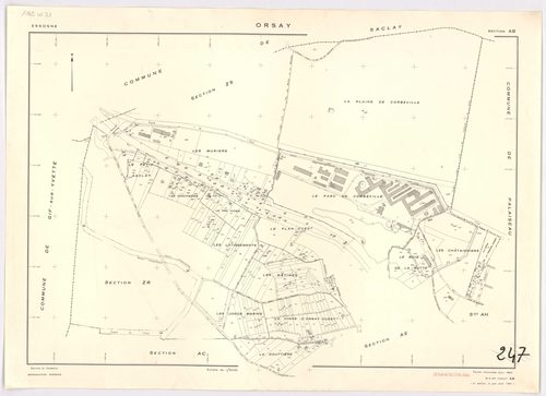 ORSAY. - Feuille renouvelée pour 1964, à jour pour 1981 (2ème édition) : plans des sections AB, AC, AD, AE, AH, AI, AK, AL, AM, AN, AO, AT, AV, AX, AY, AZ, BA, BC, BD, ZR, ZS ; cadastre révisé pour 1964, à jour pour 1982 (2ème édition) : plan du tableau d