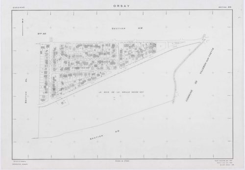 ORSAY, plans minutes de conservation : tableau d'assemblage,1964, Ech. 1/10000 ; plans des sections AB, AC, AO, ZR, ZS, 1964, Ech. 1/2000, sections AD, AE, AH, AI, AK, AL, AM, AN, AT, AV, AX, AY, AZ, BA, BC, BD, BE, BH, BI, 1964, Ech. 1/1000. Polyester. N