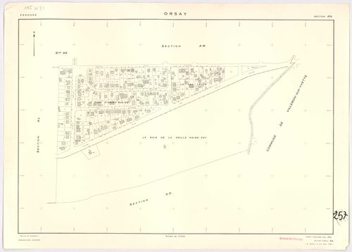 ORSAY. - Feuille renouvelée pour 1964, à jour pour 1981 (2ème édition) : plans des sections AB, AC, AD, AE, AH, AI, AK, AL, AM, AN, AO, AT, AV, AX, AY, AZ, BA, BC, BD, ZR, ZS ; cadastre révisé pour 1964, à jour pour 1982 (2ème édition) : plan du tableau d