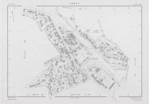 ORSAY, plans minutes de conservation : tableau d'assemblage,1964, Ech. 1/10000 ; plans des sections AB, AC, AO, ZR, ZS, 1964, Ech. 1/2000, sections AD, AE, AH, AI, AK, AL, AM, AN, AT, AV, AX, AY, AZ, BA, BC, BD, BE, BH, BI, 1964, Ech. 1/1000. Polyester. N