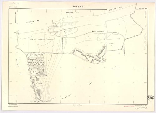 ORSAY. - Feuille renouvelée pour 1964, à jour pour 1981 (2ème édition) : plans des sections AB, AC, AD, AE, AH, AI, AK, AL, AM, AN, AO, AT, AV, AX, AY, AZ, BA, BC, BD, ZR, ZS ; cadastre révisé pour 1964, à jour pour 1982 (2ème édition) : plan du tableau d