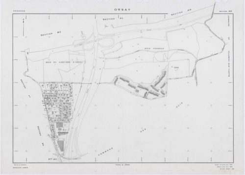 ORSAY, plans minutes de conservation : tableau d'assemblage,1964, Ech. 1/10000 ; plans des sections AB, AC, AO, ZR, ZS, 1964, Ech. 1/2000, sections AD, AE, AH, AI, AK, AL, AM, AN, AT, AV, AX, AY, AZ, BA, BC, BD, BE, BH, BI, 1964, Ech. 1/1000. Polyester. N