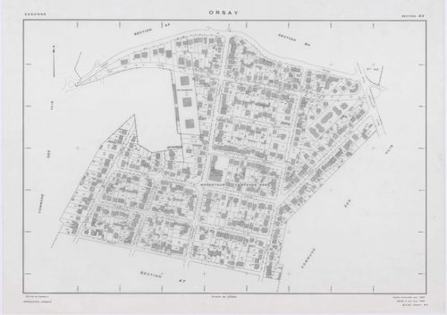 ORSAY, plans minutes de conservation : tableau d'assemblage,1964, Ech. 1/10000 ; plans des sections AB, AC, AO, ZR, ZS, 1964, Ech. 1/2000, sections AD, AE, AH, AI, AK, AL, AM, AN, AT, AV, AX, AY, AZ, BA, BC, BD, BE, BH, BI, 1964, Ech. 1/1000. Polyester. N