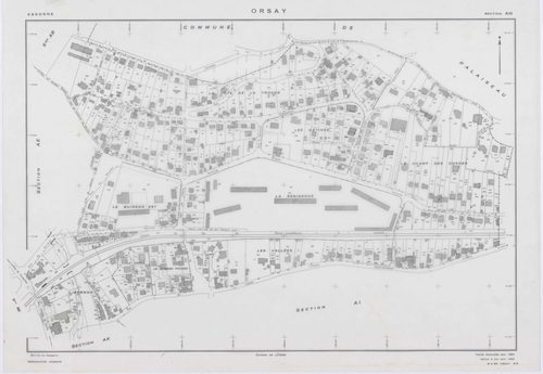 ORSAY, plans minutes de conservation : tableau d'assemblage,1964, Ech. 1/10000 ; plans des sections AB, AC, AO, ZR, ZS, 1964, Ech. 1/2000, sections AD, AE, AH, AI, AK, AL, AM, AN, AT, AV, AX, AY, AZ, BA, BC, BD, BE, BH, BI, 1964, Ech. 1/1000. Polyester. N