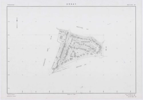 ORSAY, plans minutes de conservation : tableau d'assemblage,1964, Ech. 1/10000 ; plans des sections AB, AC, AO, ZR, ZS, 1964, Ech. 1/2000, sections AD, AE, AH, AI, AK, AL, AM, AN, AT, AV, AX, AY, AZ, BA, BC, BD, BE, BH, BI, 1964, Ech. 1/1000. Polyester. N