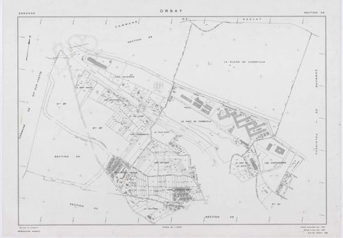 ORSAY, plans minutes de conservation : tableau d'assemblage,1964, Ech. 1/10000 ; plans des sections AB, AC, AO, ZR, ZS, 1964, Ech. 1/2000, sections AD, AE, AH, AI, AK, AL, AM, AN, AT, AV, AX, AY, AZ, BA, BC, BD, BE, BH, BI, 1964, Ech. 1/1000. Polyester. N