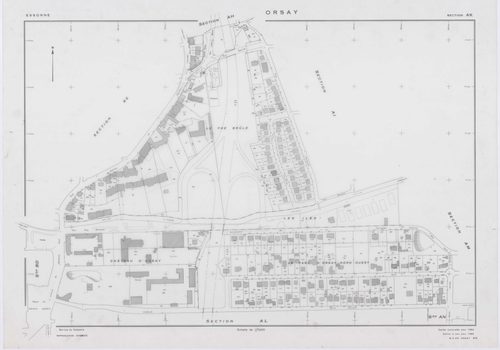 ORSAY, plans minutes de conservation : tableau d'assemblage,1964, Ech. 1/10000 ; plans des sections AB, AC, AO, ZR, ZS, 1964, Ech. 1/2000, sections AD, AE, AH, AI, AK, AL, AM, AN, AT, AV, AX, AY, AZ, BA, BC, BD, BE, BH, BI, 1964, Ech. 1/1000. Polyester. N