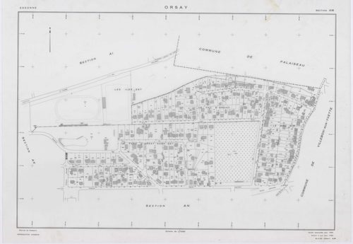 ORSAY, plans minutes de conservation : tableau d'assemblage,1964, Ech. 1/10000 ; plans des sections AB, AC, AO, ZR, ZS, 1964, Ech. 1/2000, sections AD, AE, AH, AI, AK, AL, AM, AN, AT, AV, AX, AY, AZ, BA, BC, BD, BE, BH, BI, 1964, Ech. 1/1000. Polyester. N