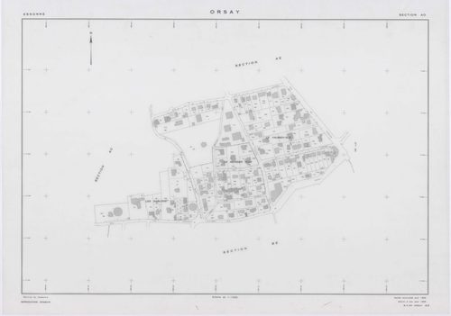 ORSAY, plans minutes de conservation : tableau d'assemblage,1964, Ech. 1/10000 ; plans des sections AB, AC, AO, ZR, ZS, 1964, Ech. 1/2000, sections AD, AE, AH, AI, AK, AL, AM, AN, AT, AV, AX, AY, AZ, BA, BC, BD, BE, BH, BI, 1964, Ech. 1/1000. Polyester. N