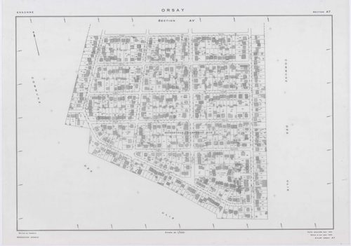 ORSAY, plans minutes de conservation : tableau d'assemblage,1964, Ech. 1/10000 ; plans des sections AB, AC, AO, ZR, ZS, 1964, Ech. 1/2000, sections AD, AE, AH, AI, AK, AL, AM, AN, AT, AV, AX, AY, AZ, BA, BC, BD, BE, BH, BI, 1964, Ech. 1/1000. Polyester. N