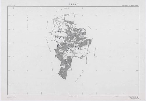 ORSAY, plans minutes de conservation : tableau d'assemblage,1964, Ech. 1/10000 ; plans des sections AB, AC, AO, ZR, ZS, 1964, Ech. 1/2000, sections AD, AE, AH, AI, AK, AL, AM, AN, AT, AV, AX, AY, AZ, BA, BC, BD, BE, BH, BI, 1964, Ech. 1/1000. Polyester. N