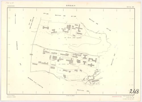 ORSAY. - Feuille renouvelée pour 1964, à jour pour 1981 (2ème édition) : plans des sections AB, AC, AD, AE, AH, AI, AK, AL, AM, AN, AO, AT, AV, AX, AY, AZ, BA, BC, BD, ZR, ZS ; cadastre révisé pour 1964, à jour pour 1982 (2ème édition) : plan du tableau d