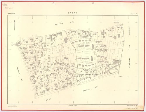 ORSAY. - Feuille renouvelée pour 1964, à jour pour 1981 (2ème édition) : plans des sections AB, AC, AD, AE, AH, AI, AK, AL, AM, AN, AO, AT, AV, AX, AY, AZ, BA, BC, BD, ZR, ZS ; cadastre révisé pour 1964, à jour pour 1982 (2ème édition) : plan du tableau d