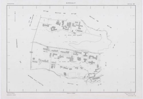ORSAY, plans minutes de conservation : tableau d'assemblage,1964, Ech. 1/10000 ; plans des sections AB, AC, AO, ZR, ZS, 1964, Ech. 1/2000, sections AD, AE, AH, AI, AK, AL, AM, AN, AT, AV, AX, AY, AZ, BA, BC, BD, BE, BH, BI, 1964, Ech. 1/1000. Polyester. N