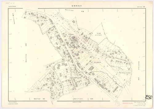 ORSAY. - Feuille renouvelée pour 1964, à jour pour 1981 (2ème édition) : plans des sections AB, AC, AD, AE, AH, AI, AK, AL, AM, AN, AO, AT, AV, AX, AY, AZ, BA, BC, BD, ZR, ZS ; cadastre révisé pour 1964, à jour pour 1982 (2ème édition) : plan du tableau d
