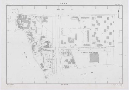 ORSAY, plans minutes de conservation : tableau d'assemblage,1964, Ech. 1/10000 ; plans des sections AB, AC, AO, ZR, ZS, 1964, Ech. 1/2000, sections AD, AE, AH, AI, AK, AL, AM, AN, AT, AV, AX, AY, AZ, BA, BC, BD, BE, BH, BI, 1964, Ech. 1/1000. Polyester. N