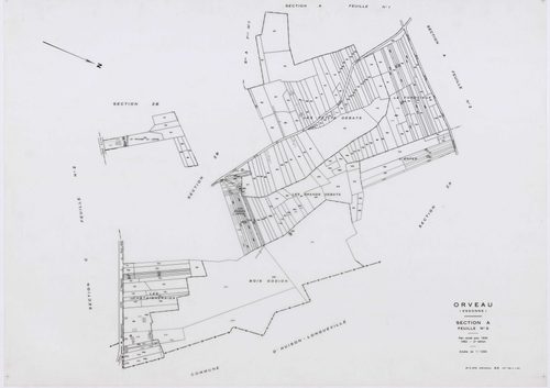 ORVEAU, plans minutes de conservation : tableau d'assemblage, 1934, Ech. 1/5000 ; plans des sections A1, A2, A3, B, C1, C2, C3, D, 1934, Ech. 1/1250, section E, 1951, Ech. 1/2000, sections Z, ZA, ZB, 1963, Ech. 1/2000. Polyester. N et B. Dim. 105 x 80 cm 