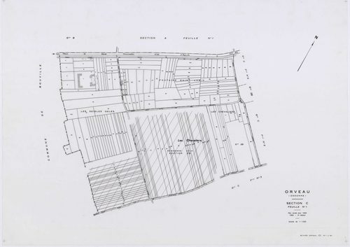 ORVEAU, plans minutes de conservation : tableau d'assemblage, 1934, Ech. 1/5000 ; plans des sections A1, A2, A3, B, C1, C2, C3, D, 1934, Ech. 1/1250, section E, 1951, Ech. 1/2000, sections Z, ZA, ZB, 1963, Ech. 1/2000. Polyester. N et B. Dim. 105 x 80 cm 