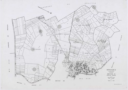 ORVEAU, plans minutes de conservation : tableau d'assemblage, 1934, Ech. 1/5000 ; plans des sections A1, A2, A3, B, C1, C2, C3, D, 1934, Ech. 1/1250, section E, 1951, Ech. 1/2000, sections Z, ZA, ZB, 1963, Ech. 1/2000. Polyester. N et B. Dim. 105 x 80 cm 