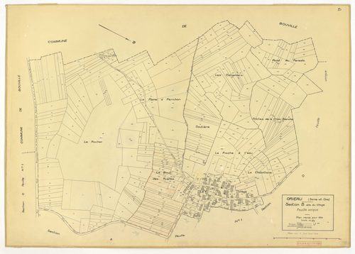 Plans minutes de conservation : ORVEAU : tableaux d'assemblage n°1 et 2, ech. 1/5000 (1934-1951), sections A1, A2, A3, B, C1, C2, C3, ech. 1/1250 (1934) ; tableau d'assemblage n°3, ech. 1/5000, section D, ech. 1/1250 (1951), section E, ech. 1/2000 (1951) 