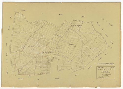 Plans minutes de conservation : ORVEAU : tableaux d'assemblage n°1 et 2, ech. 1/5000 (1934-1951), sections A1, A2, A3, B, C1, C2, C3, ech. 1/1250 (1934) ; tableau d'assemblage n°3, ech. 1/5000, section D, ech. 1/1250 (1951), section E, ech. 1/2000 (1951) 