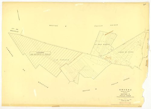 Plans minutes de conservation : ORVEAU : tableaux d'assemblage n°1 et 2, ech. 1/5000 (1934-1951), sections A1, A2, A3, B, C1, C2, C3, ech. 1/1250 (1934) ; tableau d'assemblage n°3, ech. 1/5000, section D, ech. 1/1250 (1951), section E, ech. 1/2000 (1951) 