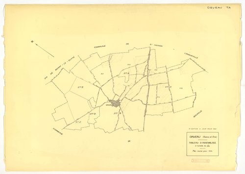 Plans minutes de conservation : ORVEAU : tableaux d'assemblage n°1 et 2, ech. 1/5000 (1934-1951), sections A1, A2, A3, B, C1, C2, C3, ech. 1/1250 (1934) ; tableau d'assemblage n°3, ech. 1/5000, section D, ech. 1/1250 (1951), section E, ech. 1/2000 (1951) 