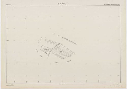 ORVEAU, plans minutes de conservation : tableau d'assemblage, 1934, Ech. 1/5000 ; plans des sections A1, A2, A3, B, C1, C2, C3, D, 1934, Ech. 1/1250, section E, 1951, Ech. 1/2000, sections Z, ZA, ZB, 1963, Ech. 1/2000. Polyester. N et B. Dim. 105 x 80 cm 