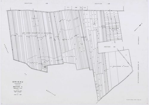 ORVEAU, plans minutes de conservation : tableau d'assemblage, 1934, Ech. 1/5000 ; plans des sections A1, A2, A3, B, C1, C2, C3, D, 1934, Ech. 1/1250, section E, 1951, Ech. 1/2000, sections Z, ZA, ZB, 1963, Ech. 1/2000. Polyester. N et B. Dim. 105 x 80 cm 