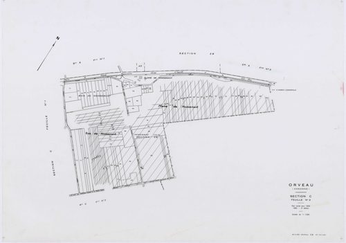 ORVEAU, plans minutes de conservation : tableau d'assemblage, 1934, Ech. 1/5000 ; plans des sections A1, A2, A3, B, C1, C2, C3, D, 1934, Ech. 1/1250, section E, 1951, Ech. 1/2000, sections Z, ZA, ZB, 1963, Ech. 1/2000. Polyester. N et B. Dim. 105 x 80 cm 