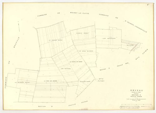 Plans minutes de conservation : ORVEAU : tableaux d'assemblage n°1 et 2, ech. 1/5000 (1934-1951), sections A1, A2, A3, B, C1, C2, C3, ech. 1/1250 (1934) ; tableau d'assemblage n°3, ech. 1/5000, section D, ech. 1/1250 (1951), section E, ech. 1/2000 (1951) 