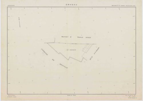 ORVEAU, plans minutes de conservation : tableau d'assemblage, 1934, Ech. 1/5000 ; plans des sections A1, A2, A3, B, C1, C2, C3, D, 1934, Ech. 1/1250, section E, 1951, Ech. 1/2000, sections Z, ZA, ZB, 1963, Ech. 1/2000. Polyester. N et B. Dim. 105 x 80 cm 