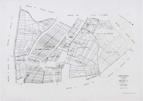 ORVEAU, plans minutes de conservation : tableau d'assemblage, 1934, Ech. 1/5000 ; plans des sections A1, A2, A3, B, C1, C2, C3, D, 1934, Ech. 1/1250, section E, 1951, Ech. 1/2000, sections Z, ZA, ZB, 1963, Ech. 1/2000. Polyester. N et B. Dim. 105 x 80 cm 