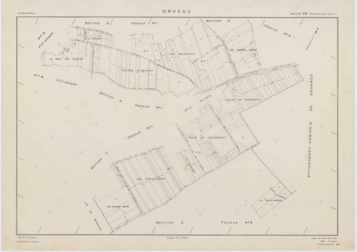 ORVEAU, plans minutes de conservation : tableau d'assemblage, 1934, Ech. 1/5000 ; plans des sections A1, A2, A3, B, C1, C2, C3, D, 1934, Ech. 1/1250, section E, 1951, Ech. 1/2000, sections Z, ZA, ZB, 1963, Ech. 1/2000. Polyester. N et B. Dim. 105 x 80 cm 